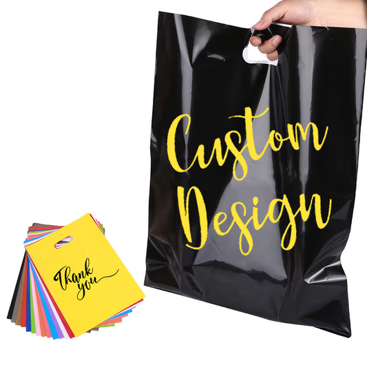50pcs Custom Plastic Shopping Bags with Logo Personalized Gift Bags for Small Business Boutique Retail Trade Shows Events