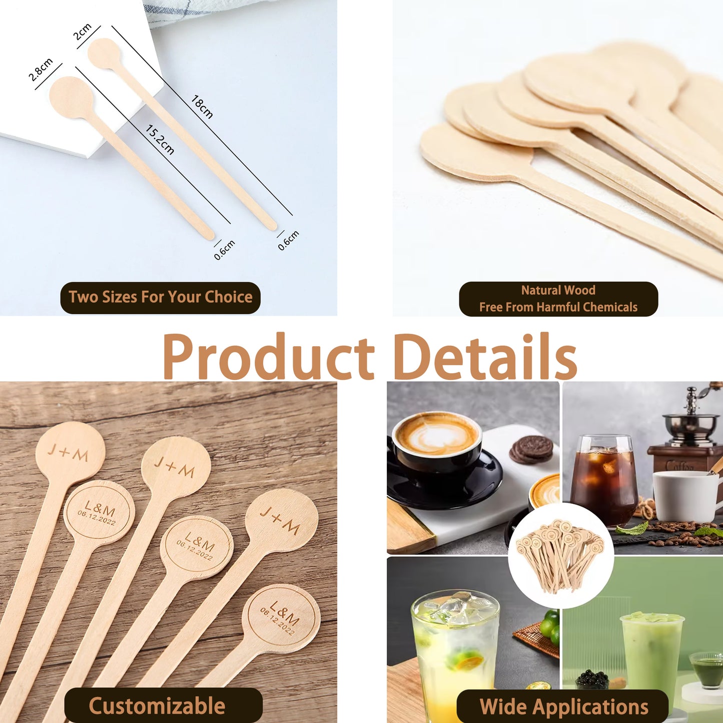 100-500 PCS Personalized Wooden Drink Stirrers, Custom Disposable Coffee Stir Sticks with Round Ends, Engraved Design Stirrers