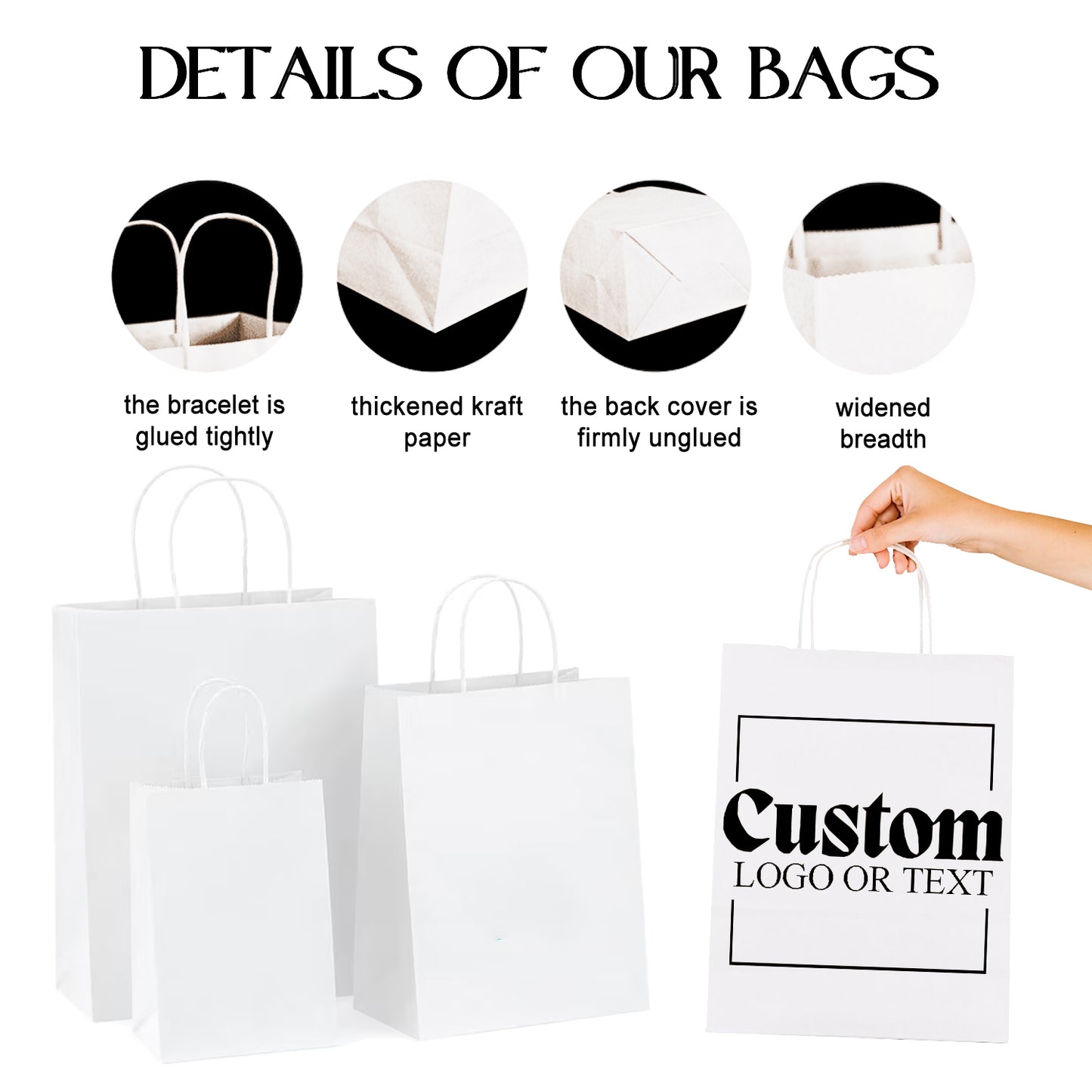 Personalized Kraft/White Recycled Paper Bags with handle, Print Logo Bag for Wedding/Small Business/Party/Gift/Product, Events in Bulk