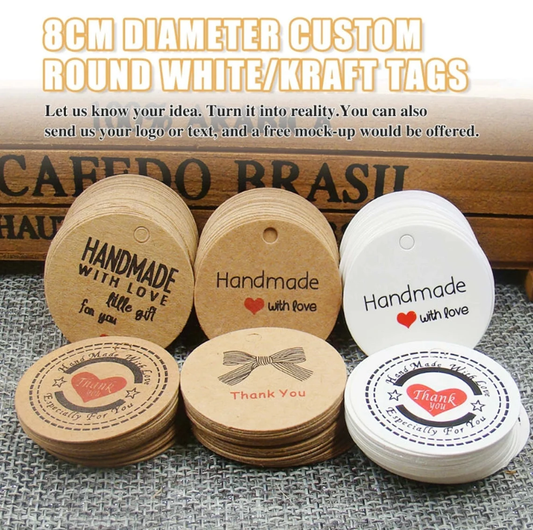 50-300pcs Personalized 8cm Circle Hang Tags (Thickness 500 GSM), White Round Tags with Your Logo, Double-side printing, Gift/Wedding/Business Tags