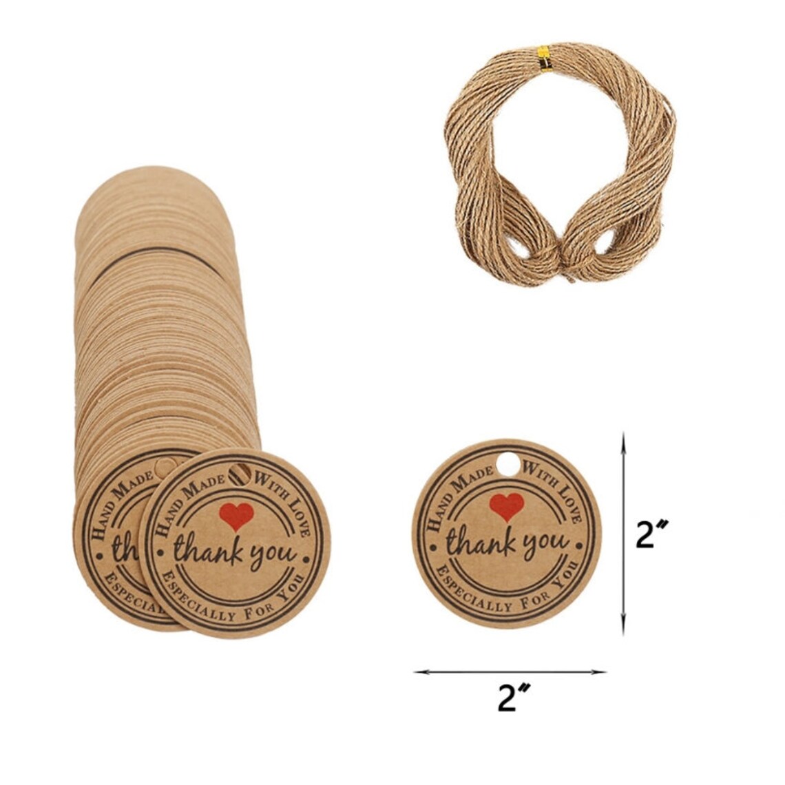 2" Round Custom Logo Hang Tags (Thickness 300 GSM), Price Tags, Personalized Kraft/ White Tags with Your Logo, Handmade with Love Tags