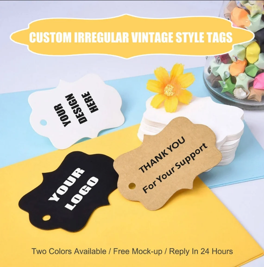 50-200pcs Custom Irregular Vintage Style Hang Tags, Unique Style Labels (Thickness 300 GSM) 6cm×4.1cm Tags, Product/Business/Gift Tags with logo/text