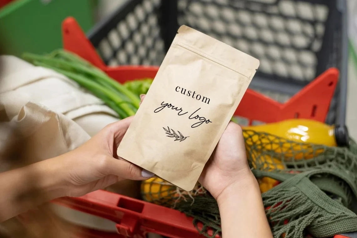 50Pcs Custom Kraft Paper Bag,Personalized Brown Stand Up Zipper Lock Pouches,Self Stand Packaging Bag With Inner Foil,Reusable Bag for Food