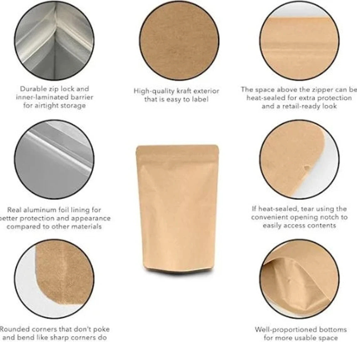 50Pcs Custom Kraft Paper Bag,Personalized Brown Stand Up Zipper Lock Pouches,Self Stand Packaging Bag With Inner Foil,Reusable Bag for Food