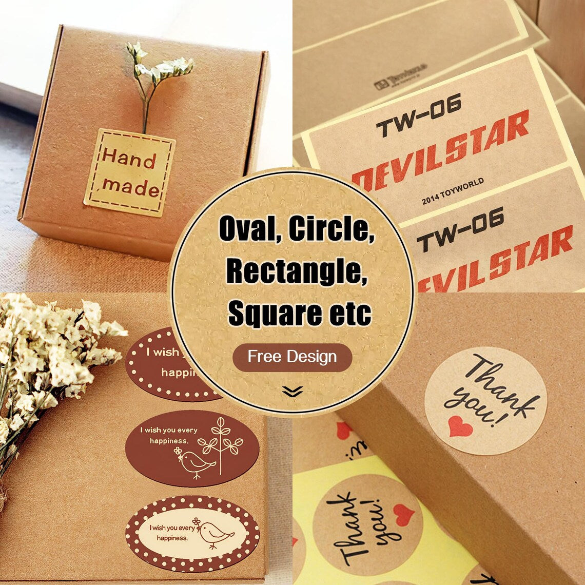 Personalization Kraft Stickers/ Labels, Premium Kraft Adhesive Label Printing, Custom Kraft Handmade Circle/Square/Rectangle/Oval Stickers