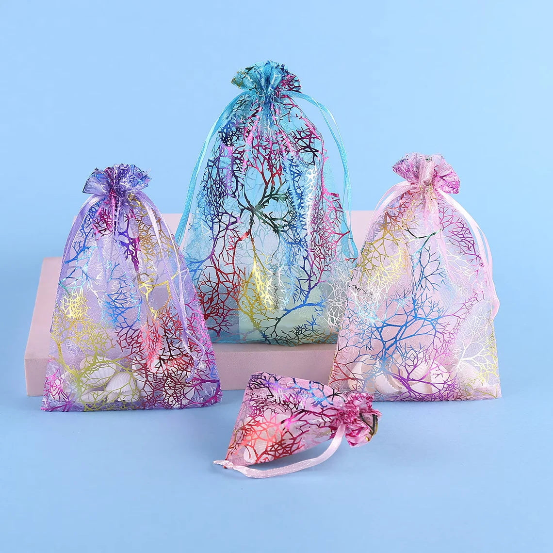 100 Organza Drawstring Bags, Wedding Favor Bags, Party Gift Bags, Jewelry Pouch Drawstring Bags, 4 Designs, 3 Sizes