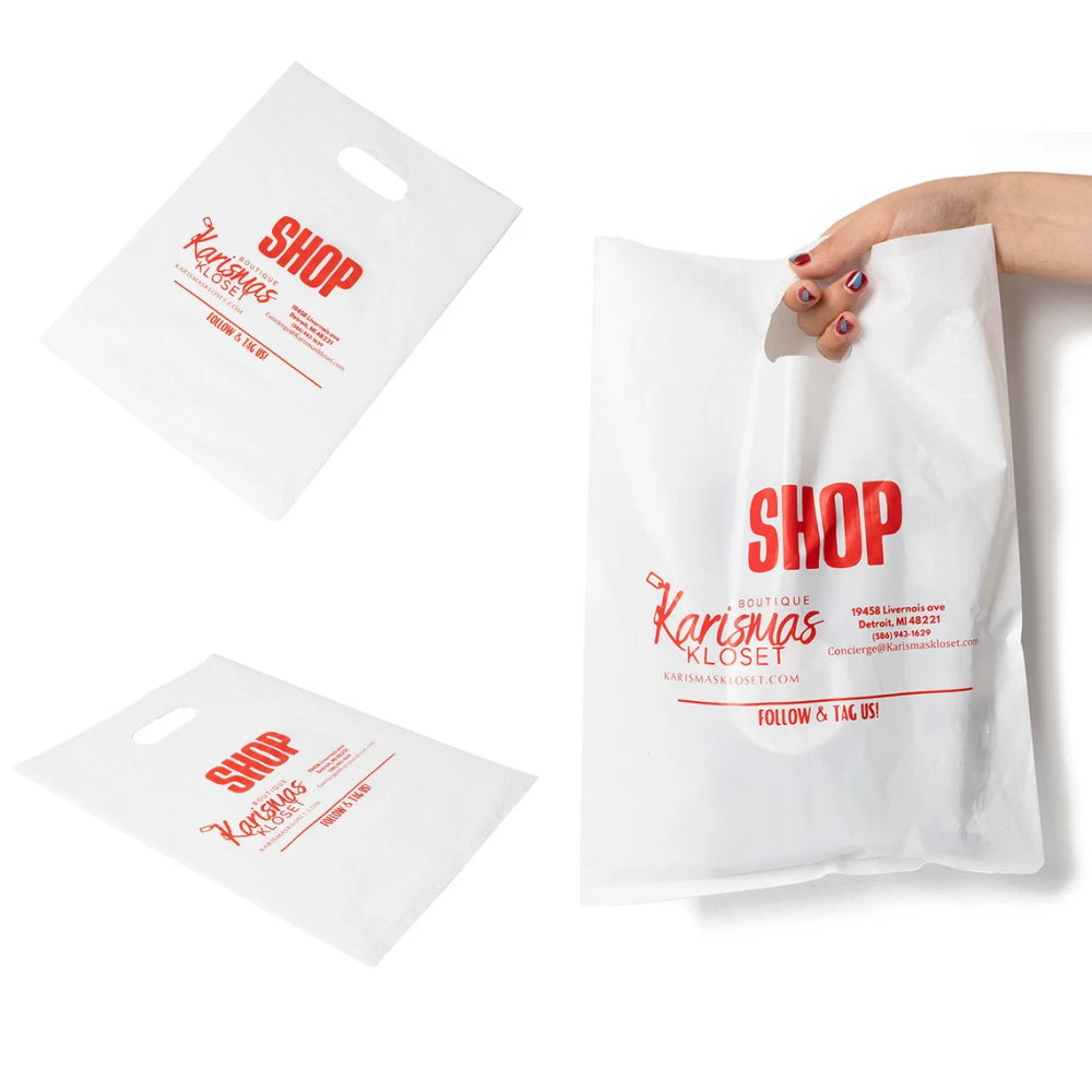 50pcs Custom Plastic Shopping Bags with Logo Personalized Gift Bags for Small Business Boutique Retail Trade Shows Events