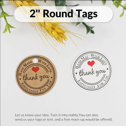 2" Round Custom Logo Hang Tags (Thickness 300 GSM), Price Tags, Personalized Kraft/ White Tags with Your Logo, Handmade with Love Tags