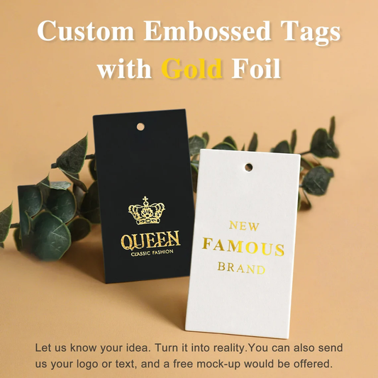 200-500pcs Personalized Embossing Hang Tag with Gold Foil, Custom Clothing Tags (Thickness: 500GSM), Hang Tags for Business/ Wedding/ Baby Shower/ Gift