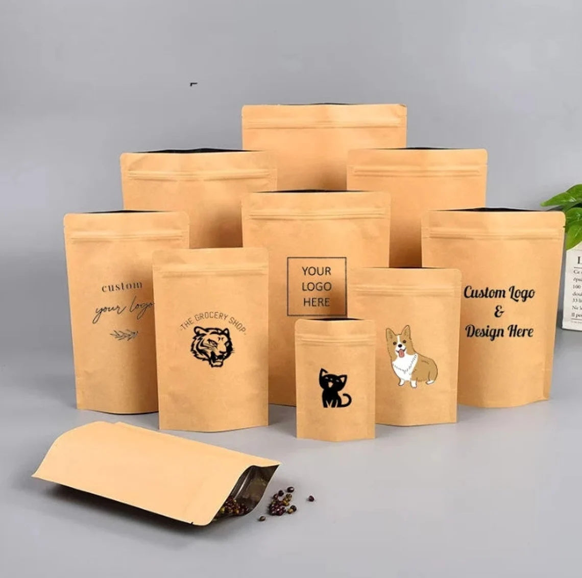 50Pcs Custom Kraft Paper Bag,Personalized Brown Stand Up Zipper Lock Pouches,Self Stand Packaging Bag With Inner Foil,Reusable Bag for Food