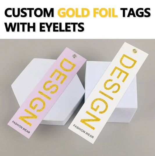 Custom 1"×3.5" Gold Foil Tags with eyelet, High quality Hang Tags with string (Thickness 500 GSM), thank you tag, Wedding Gift favor Tags