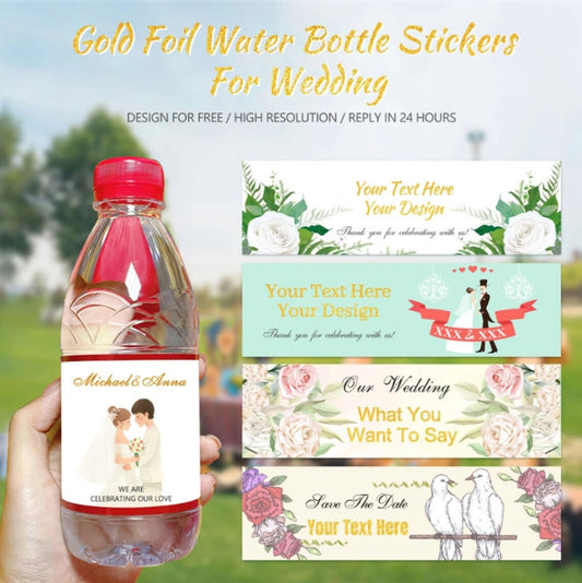 50Pcs Personalized Gold Foil Wedding Water Bottle Labels, Custom Metallic Foil Wedding Welcome Waterproof Sticker, Modern Water Bottle Wraps