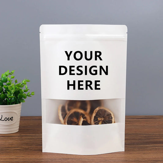 100 Custom Logo Kraft Bags, Personalized Resealable Stand Up Pouches with Window, Multiple Usage Mylar Bag for Wedding Birthday, Favors Bags