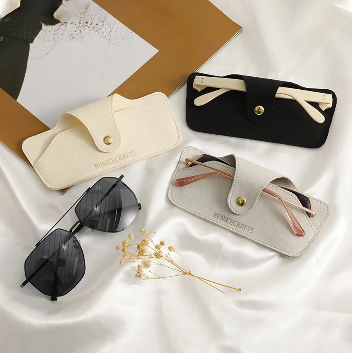 5pcs Personalized Logo Sunglasses Case With Gold Button, Custom Microfiber Eyeglass case, Multi-color glasses case, Anniversary/Party Gift