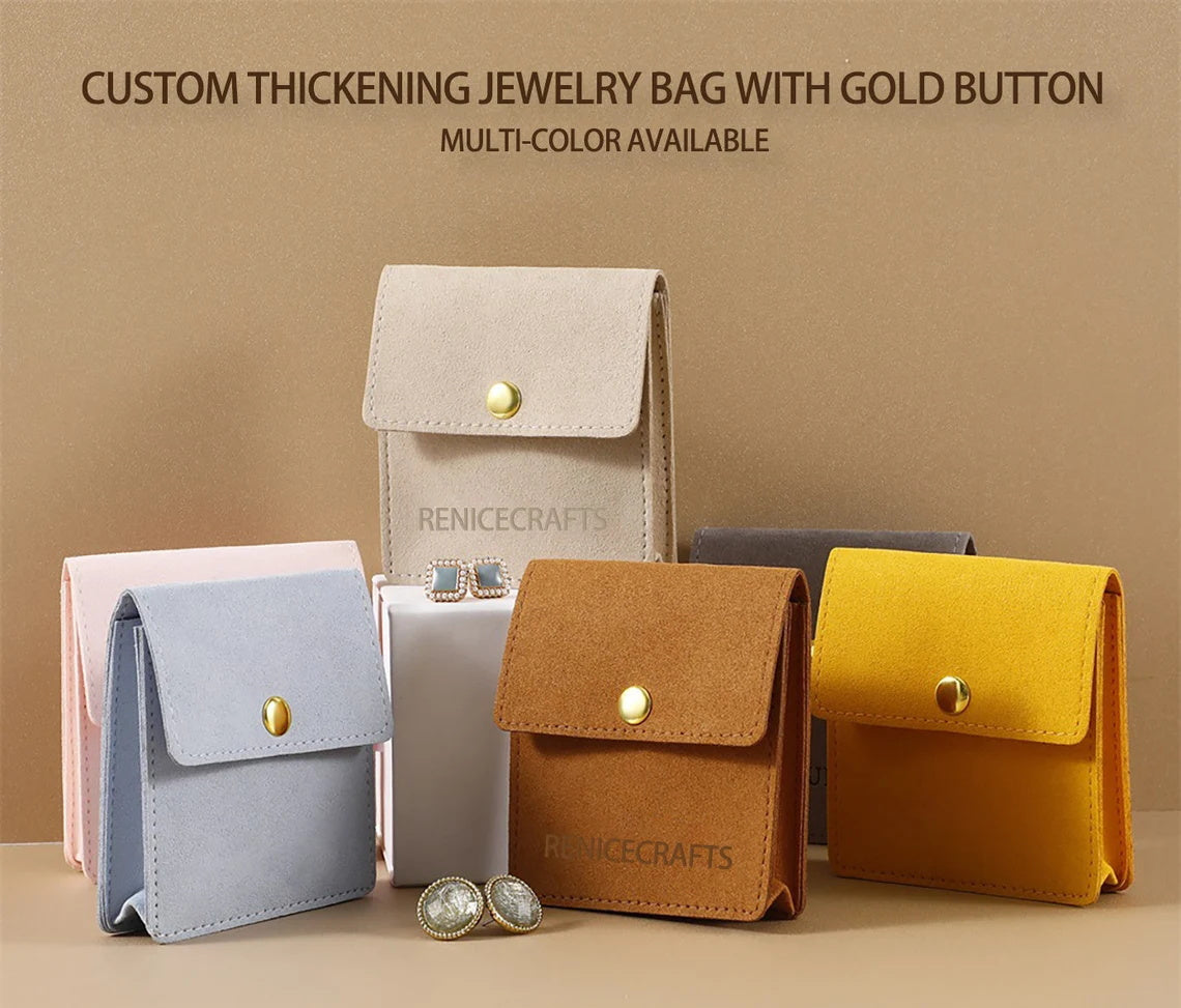 50PCS Personalized Thickening Jewelry Microfiber Pouch with divider, Multi-color Jewelry Packaging Bag for Necklace/Ring, With Gold Button
