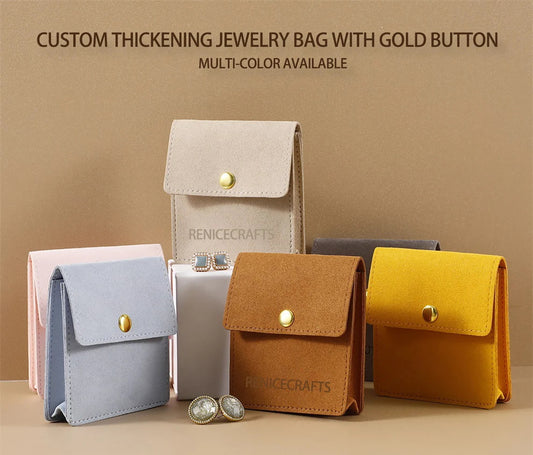 50PCS Personalized Thickening Jewelry Microfiber Pouch with divider, Multi-color Jewelry Packaging Bag for Necklace/Ring, With Gold Button