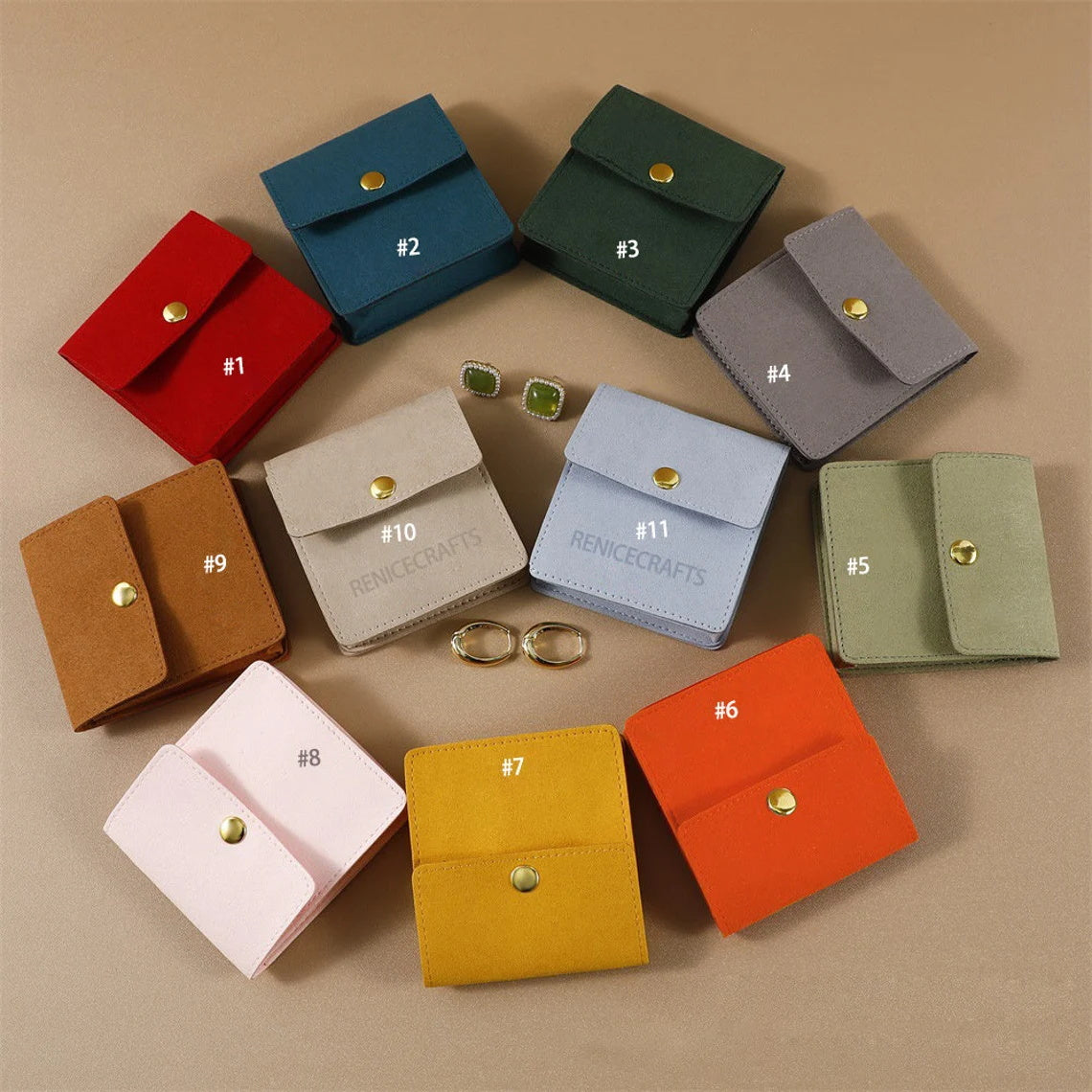 50PCS Personalized Thickening Jewelry Microfiber Pouch with divider, Multi-color Jewelry Packaging Bag for Necklace/Ring, With Gold Button