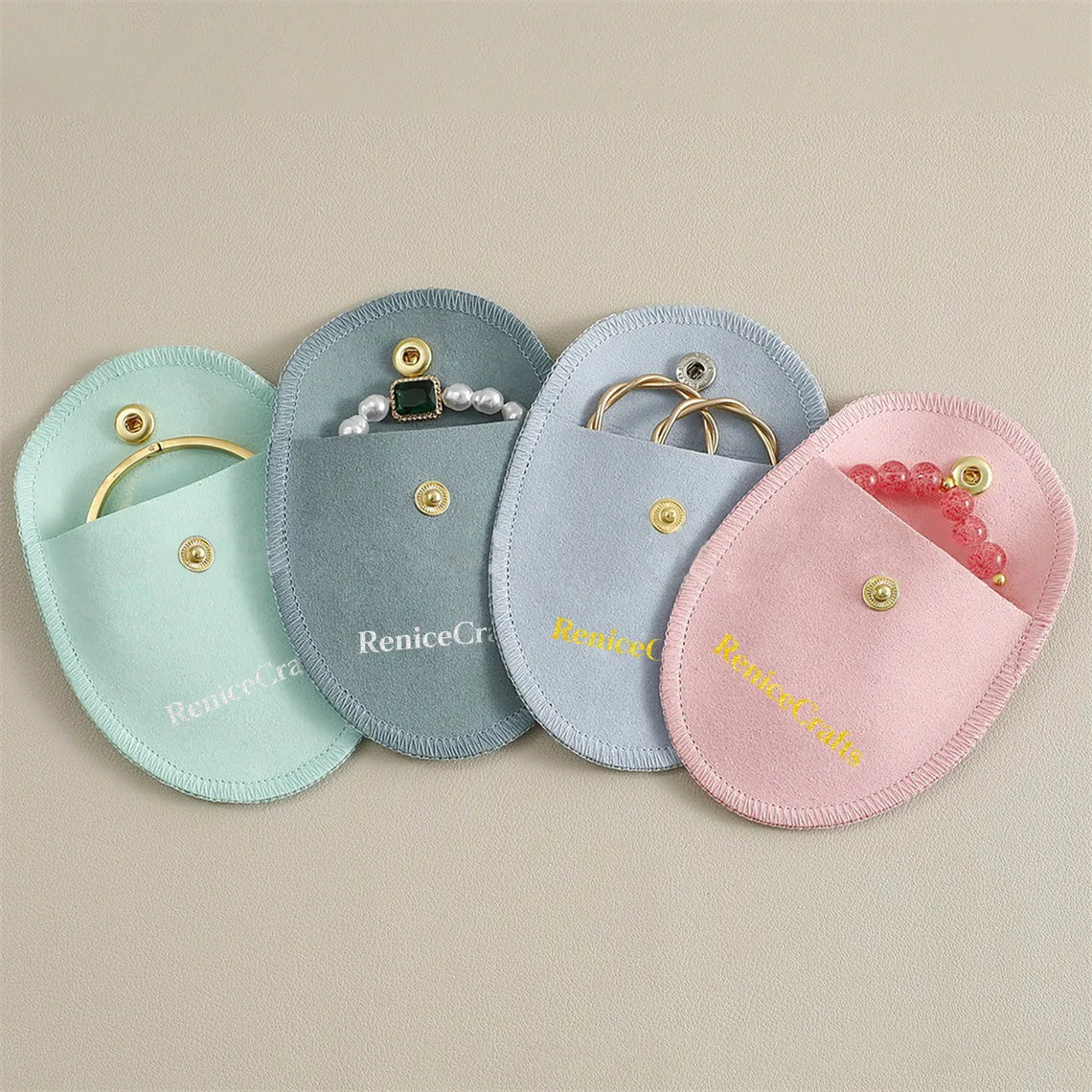 50 PCS Personalized Jewelry Pouch Bag with Gold Button, Custom Logo Microfiber Packaging Bags, Multi-color Beautiful Wedding Gift Holder