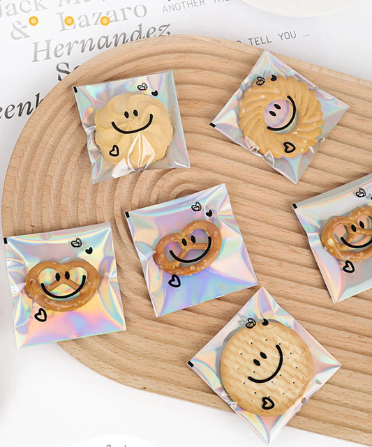 100pcs 7cm×7cm Rainbow Smiley Faces Cookie Bags, Gift Favors for Wedding/Party, DIY Wedding Favor, Packaging Bags for Snacks Bakery Candies