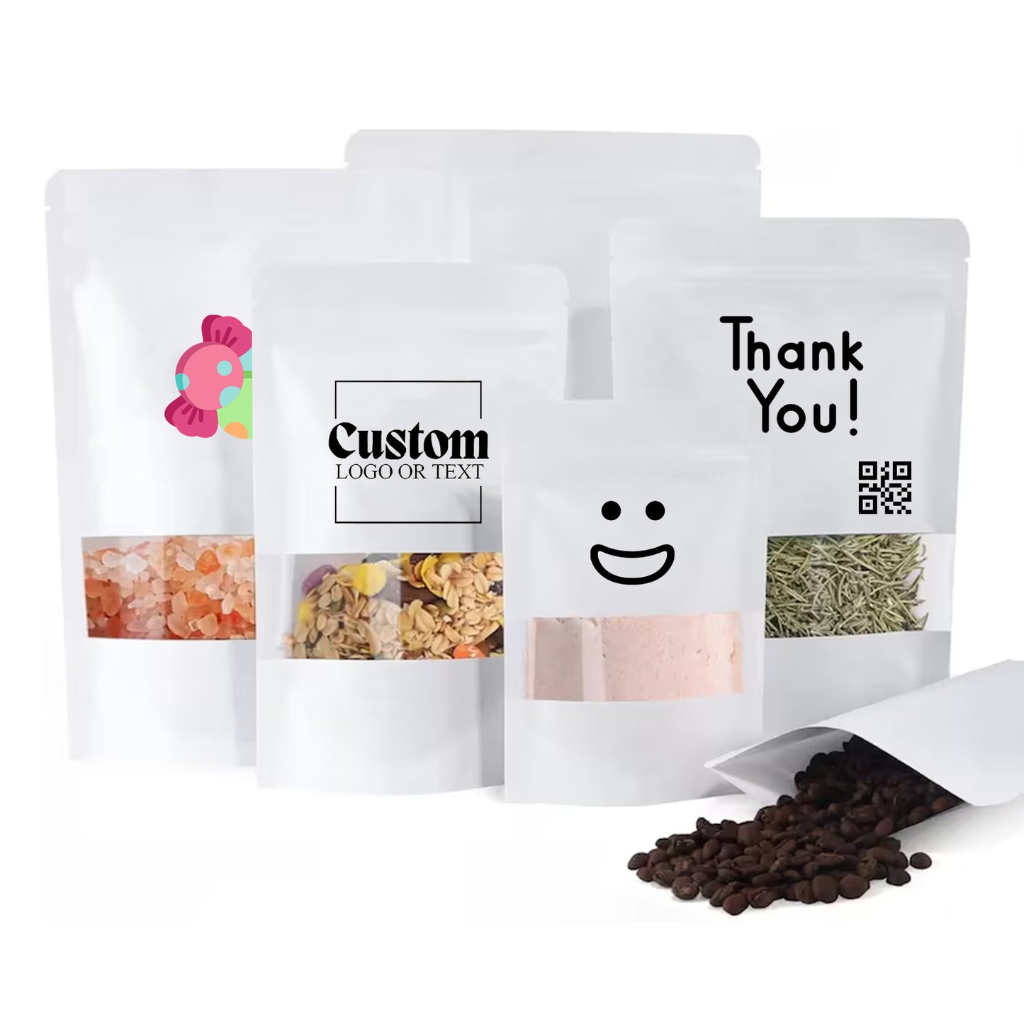 Personalized 50pcs White Windowed Packaging Bag, Resealable Stand Up Pouches and Translucent Window for Food/Business/Wedding, Fast Shipping