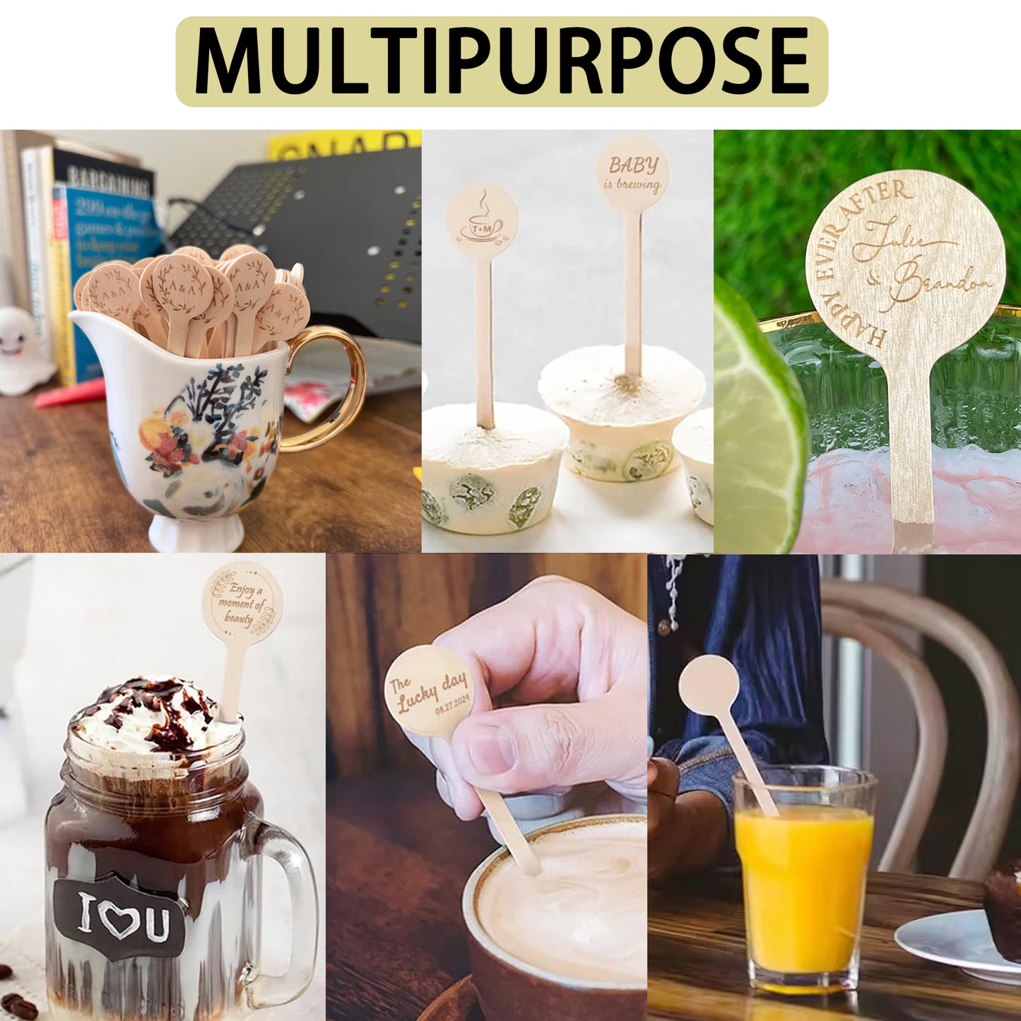 100-500 PCS Personalized Wooden Drink Stirrers, Custom Disposable Coffee Stir Sticks with Round Ends, Engraved Design Stirrers