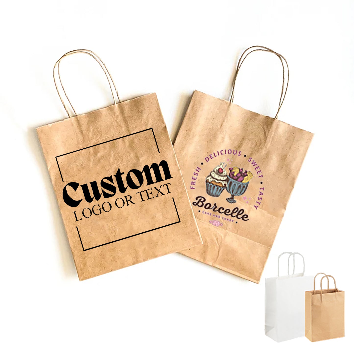 Personalized Kraft/White Recycled Paper Bags with handle, Print Logo Bag for Wedding/Small Business/Party/Gift/Product, Events in Bulk