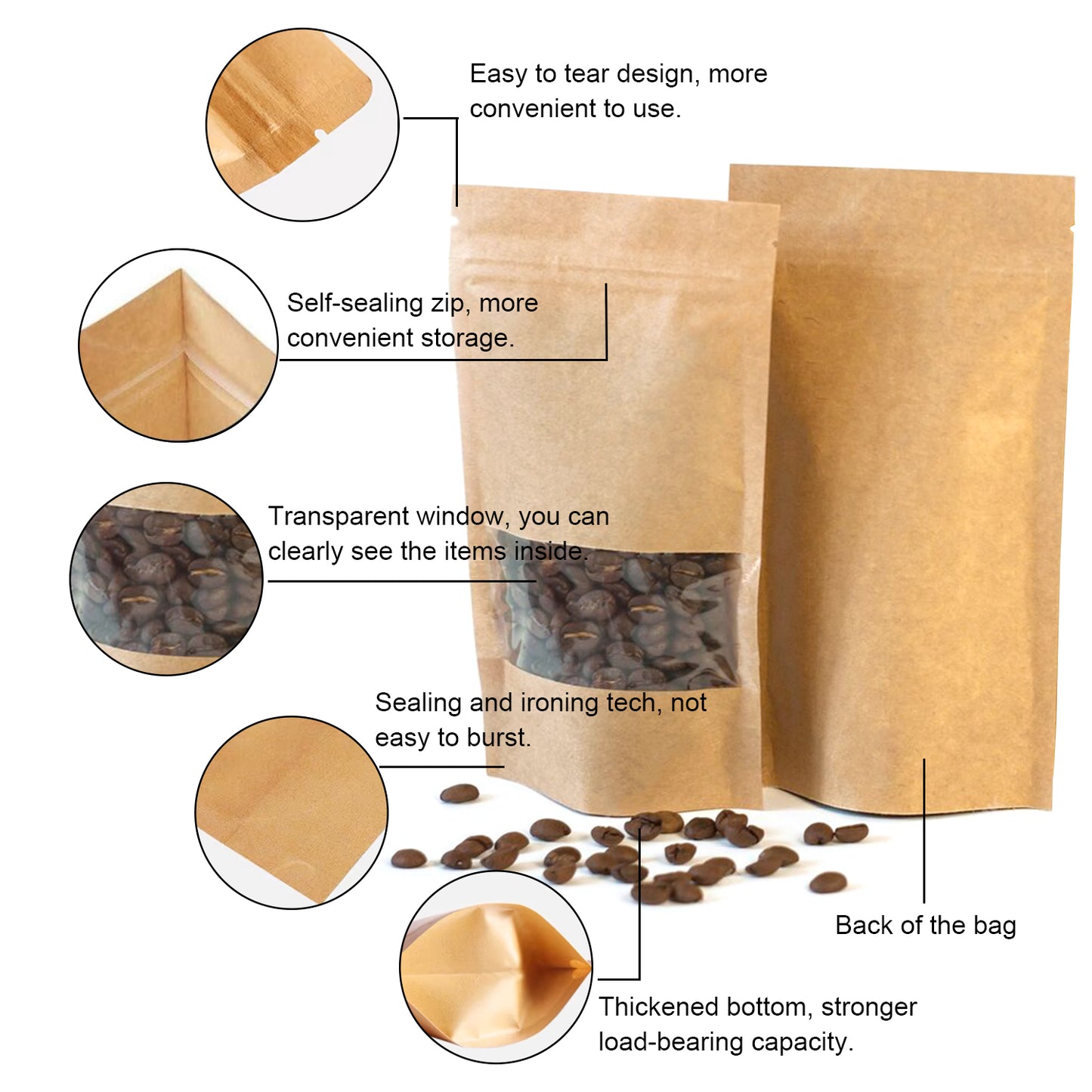 Custom Reusable Paper Bags with Window, Multi-Purpose Packaging Pouches, Resealable Candy Pockets, Personalized Kraft Bags