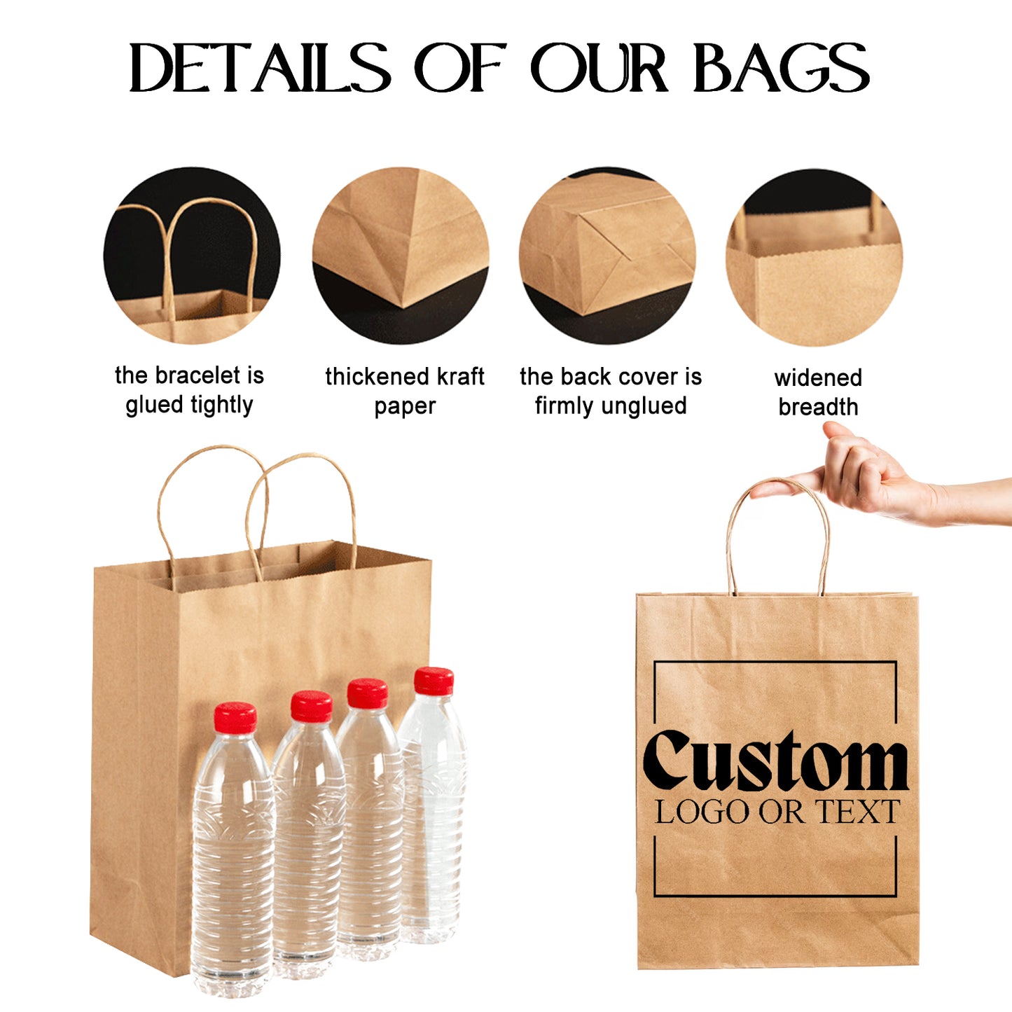 Personalized Kraft/White Recycled Paper Bags with handle, Print Logo Bag for Wedding/Small Business/Party/Gift/Product, Events in Bulk