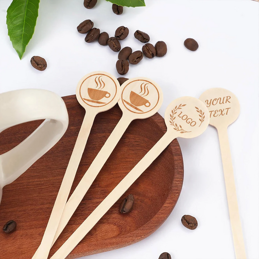 100-500 PCS Personalized Wooden Drink Stirrers, Custom Disposable Coffee Stir Sticks with Round Ends, Engraved Design Stirrers
