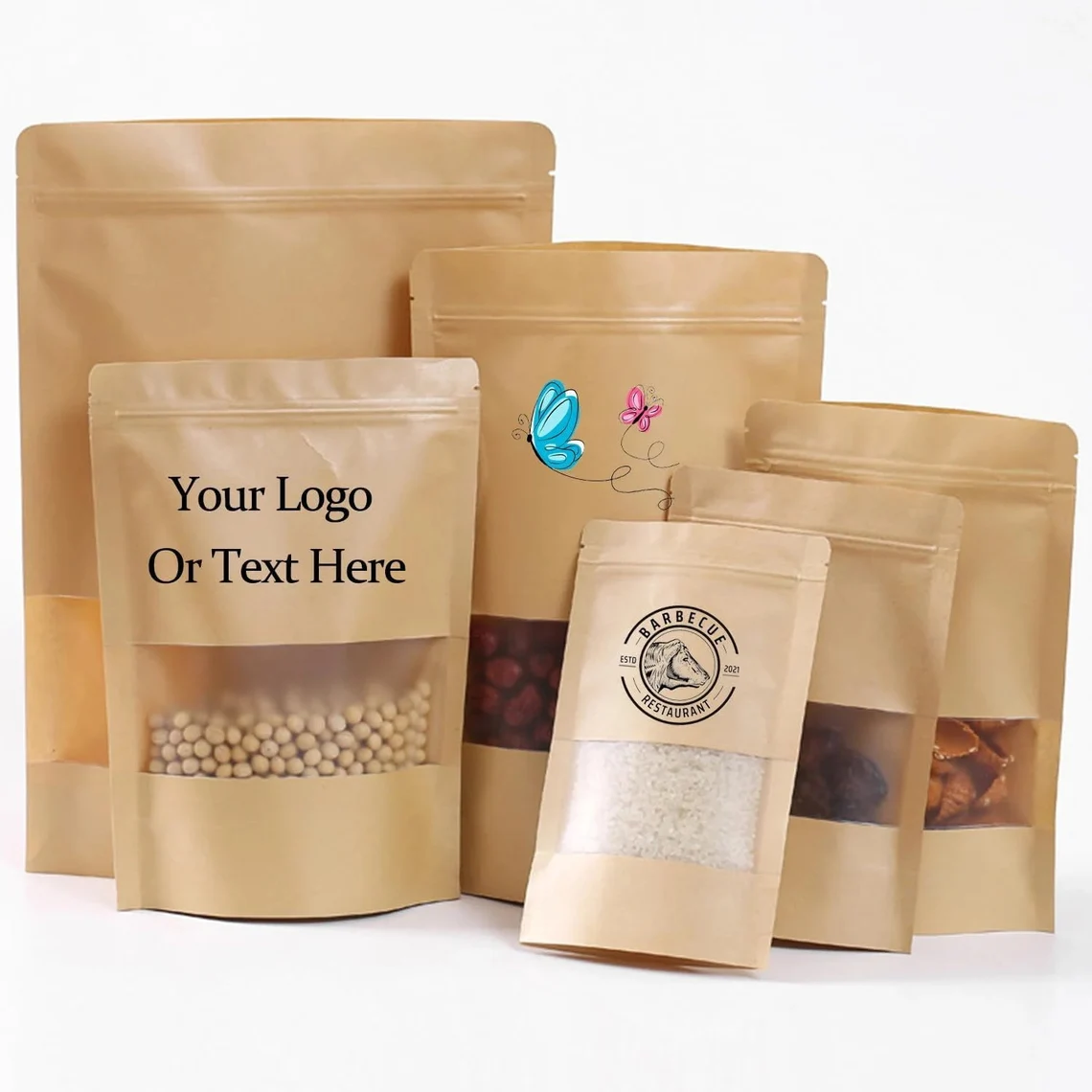 50 Custom Kraft Paper Bags with Window,Personalized Stand Up Pouches,Brown Resealable Paper Bags,Self-sealing Packaging Bag for Food Storage