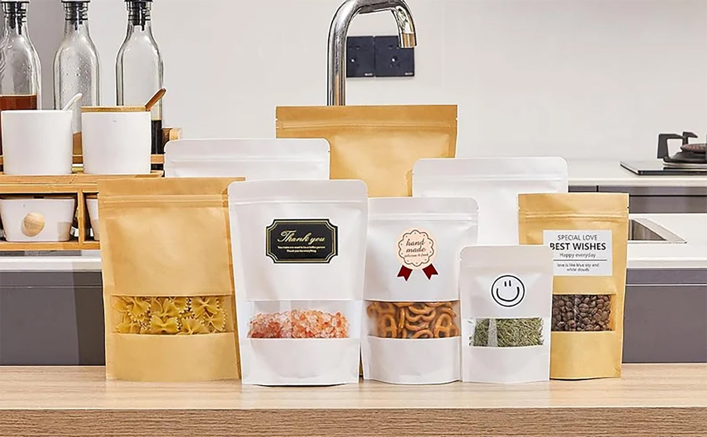 Custom Reusable Paper Bags with Window, Multi-Purpose Packaging Pouches, Resealable Candy Pockets, Personalized Kraft Bags