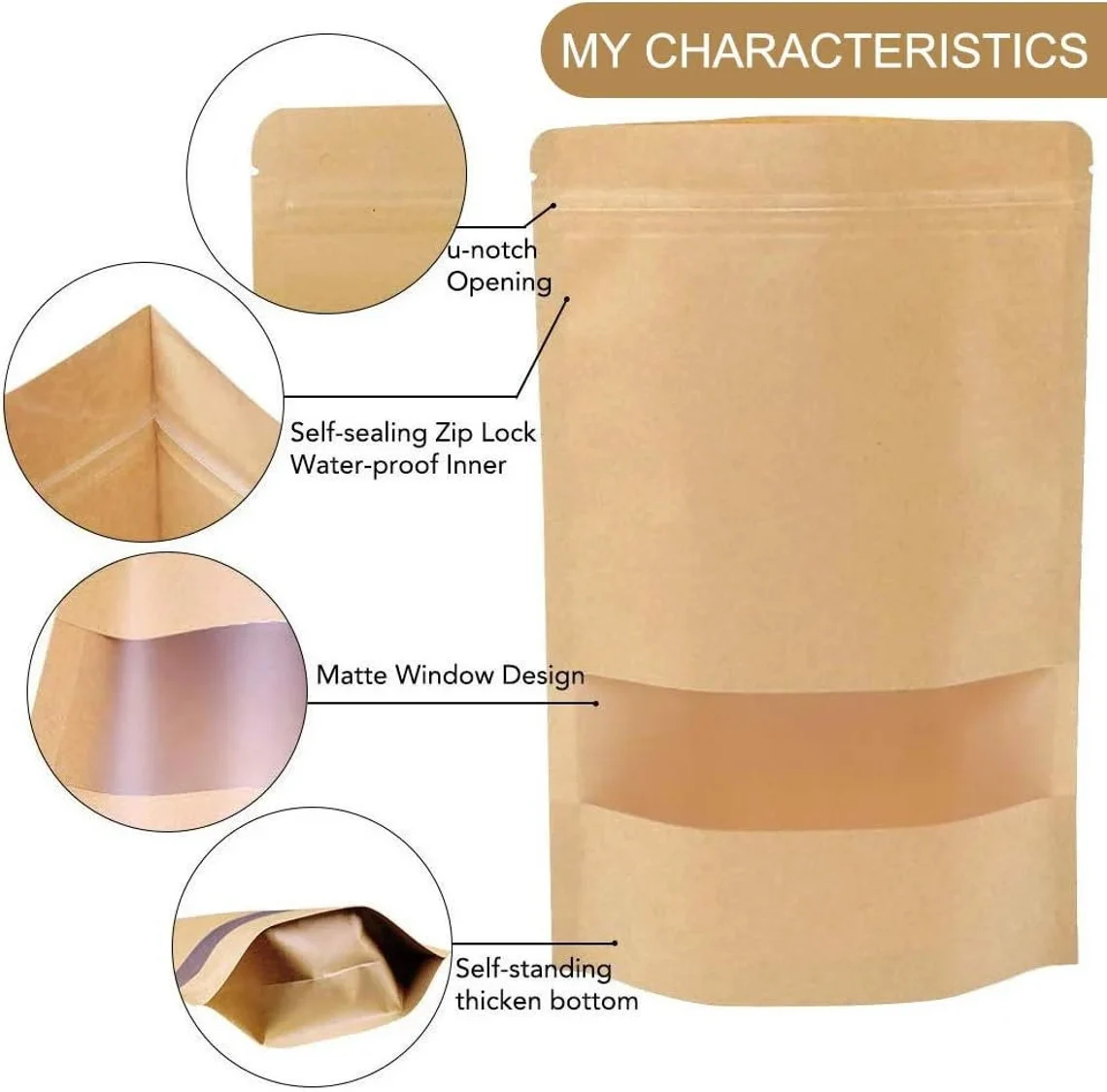 50 Custom Kraft Paper Bags with Window,Personalized Stand Up Pouches,Brown Resealable Paper Bags,Self-sealing Packaging Bag for Food Storage