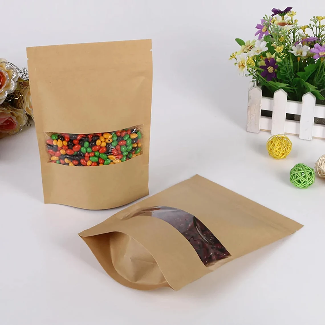 50 Custom Kraft Paper Bags with Window,Personalized Stand Up Pouches,Brown Resealable Paper Bags,Self-sealing Packaging Bag for Food Storage
