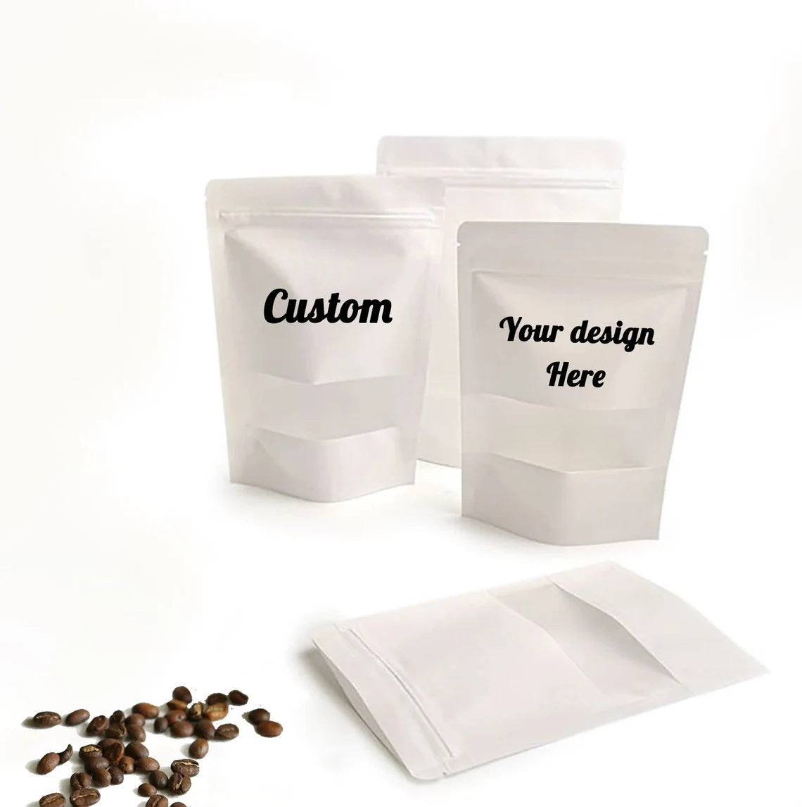 Personalized 50pcs White Windowed Packaging Bag, Resealable Stand Up Pouches and Translucent Window for Food/Business/Wedding, Fast Shipping