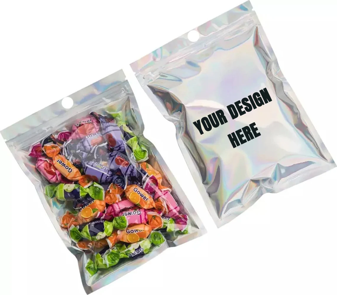Personalized Resealable Holographic rainbow bags, Custom Metallized Foil Zip Seal Bags with your logo/text, Clear Food Storage Bags