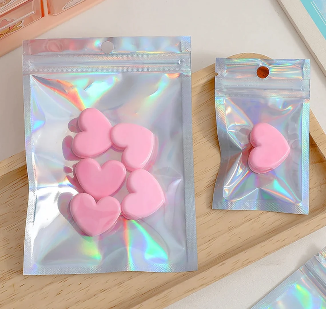 Personalized Resealable Holographic rainbow bags, Custom Metallized Foil Zip Seal Bags with your logo/text, Clear Food Storage Bags
