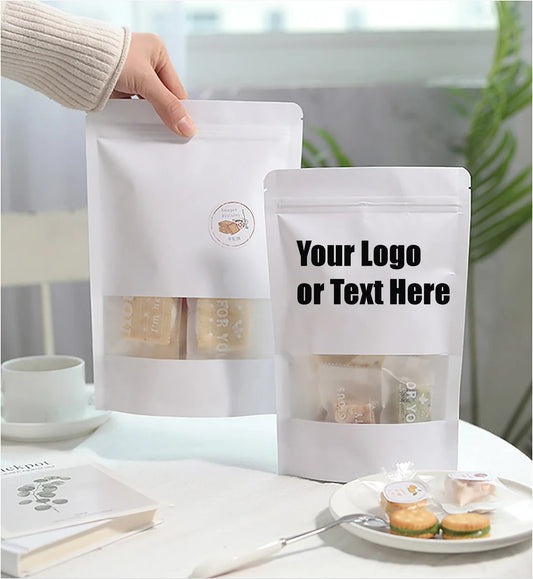 50 pcs Custom Kraft Pouches With Logo, Personalized Resealable Stand Up Bags with Window for Wedding Favor, Coffee Bag, Multiple Usage