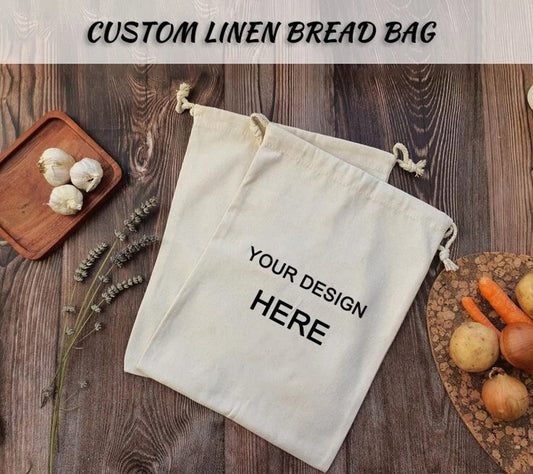 5-50pcs Personalized Beige 100% Linen Bread Bag with Drawstring, Reusable Bread Storage Bag, Custom Bread Bag for Homemade Bread, Kitchen/Lunch Bags