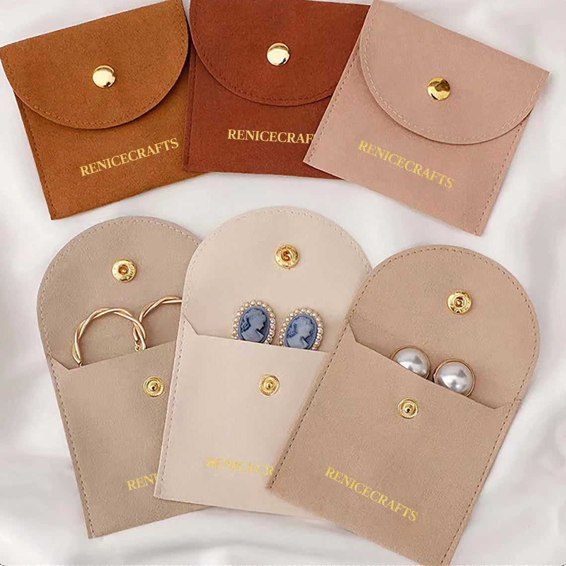 50 PCS Custom Logo Jewelry Bag with Gold Button, Personalized Microfiber Pouch, Multi-color Jewellery Packaging Bags for Necklace Bracelet