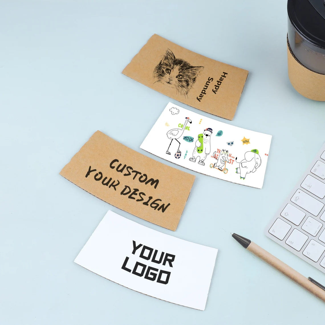 10-250pcs Personalized Disposable Kraft/White Coffee Sleeves, Favor gift for Wedding/Business/Coffee lover,Custom Coffee Sleeves with your design/text