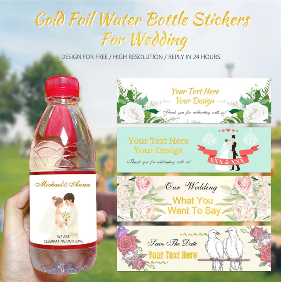 50Pcs Personalized Gold Foil Wedding Water Bottle Labels, Custom Metallic Foil Wedding Welcome Waterproof Sticker, Modern Water Bottle Wraps