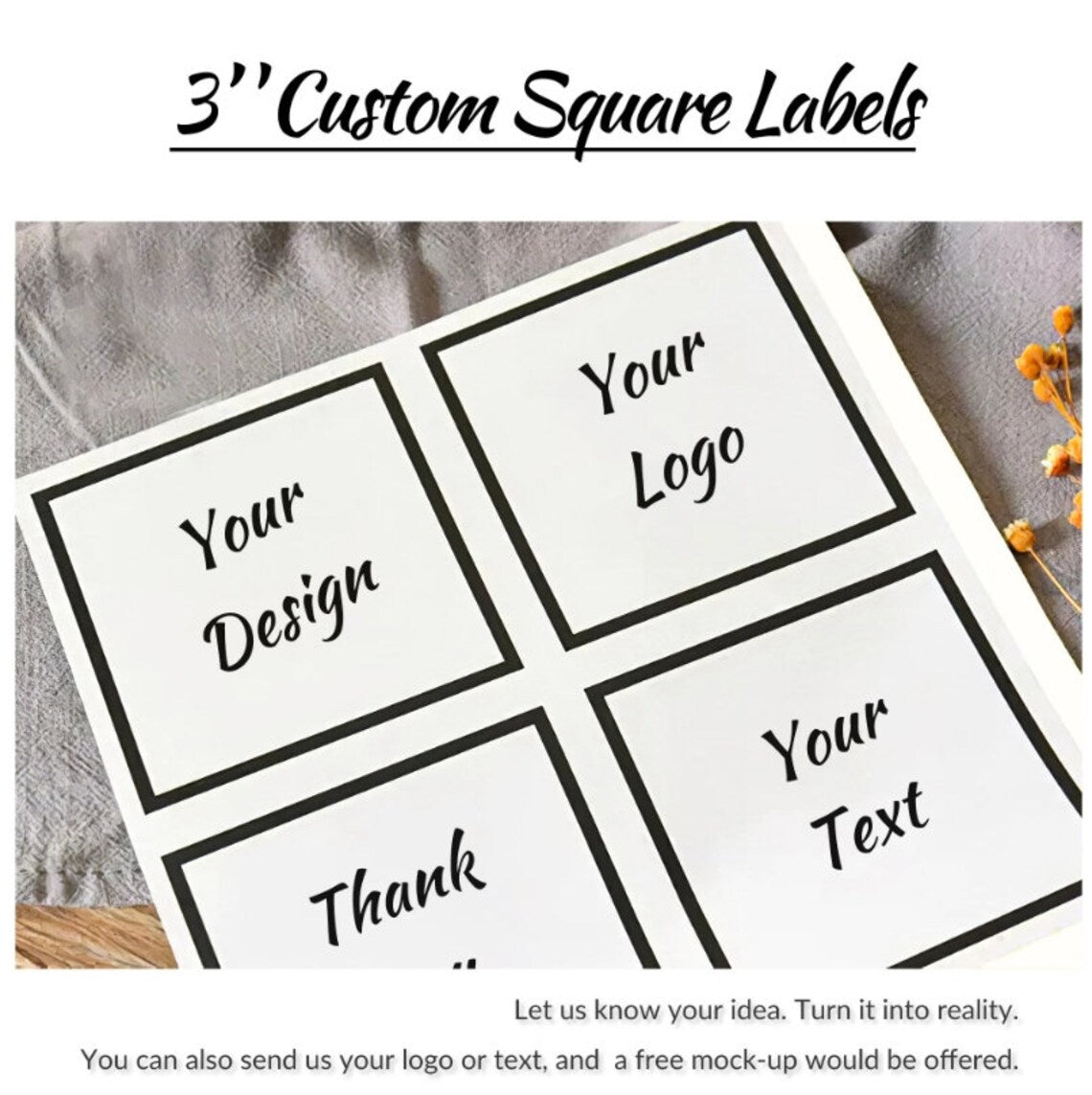 3’’ Custom Square Labels with Rounded/Squared Corners, PVC Stickers for Wedding/ Shower/ Birthday/ Business, Personalized Waterproof Labels