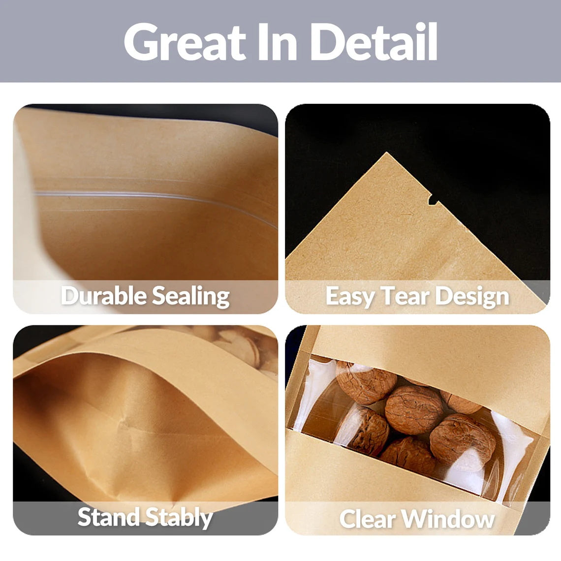 100 Custom Logo Kraft Bags, Personalized Resealable Stand Up Pouches with Window, Multiple Usage Mylar Bag for Wedding Birthday, Favors Bags
