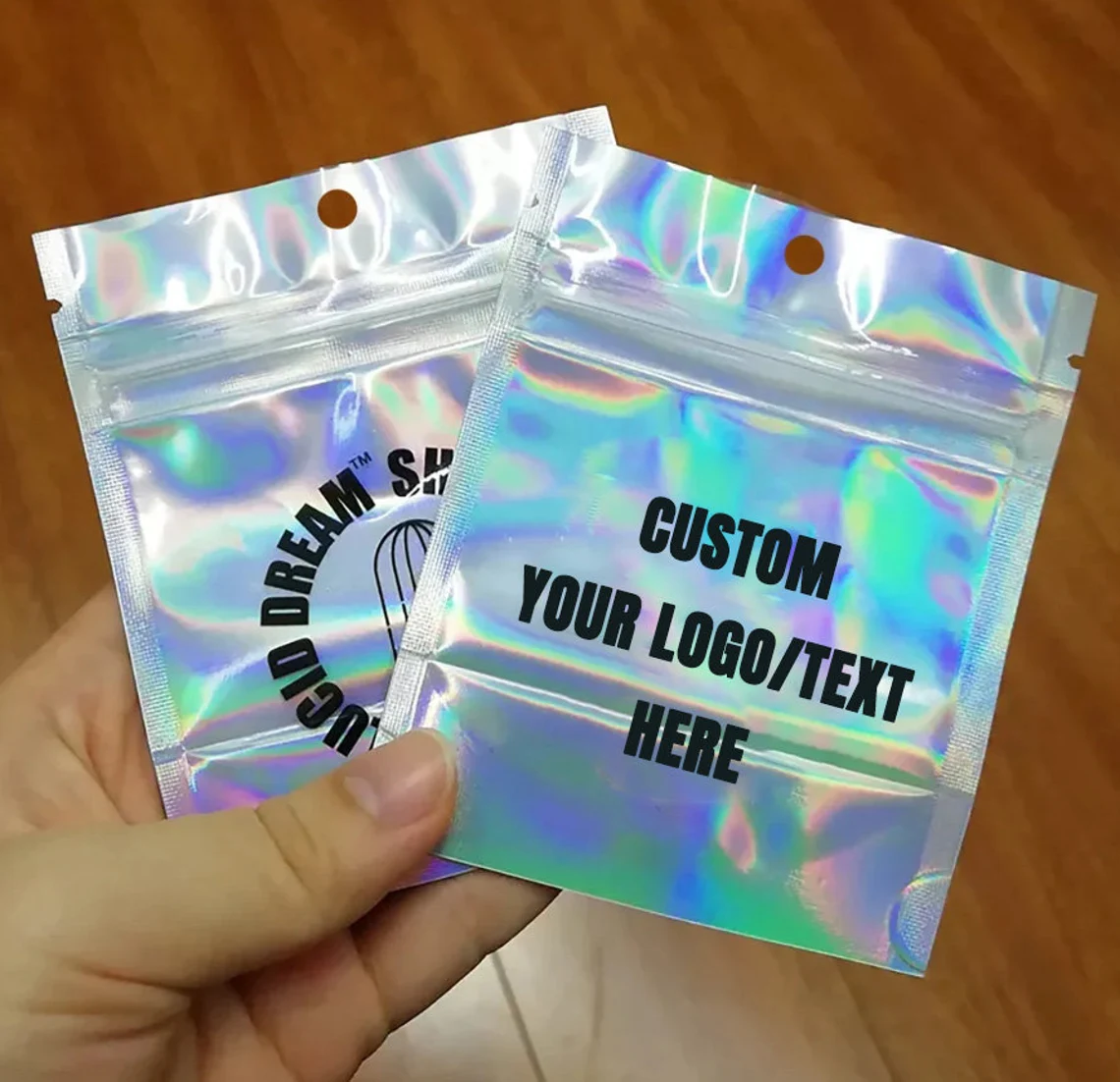 Personalized Resealable Holographic rainbow bags, Custom Metallized Foil Zip Seal Bags with your logo/text, Clear Food Storage Bags