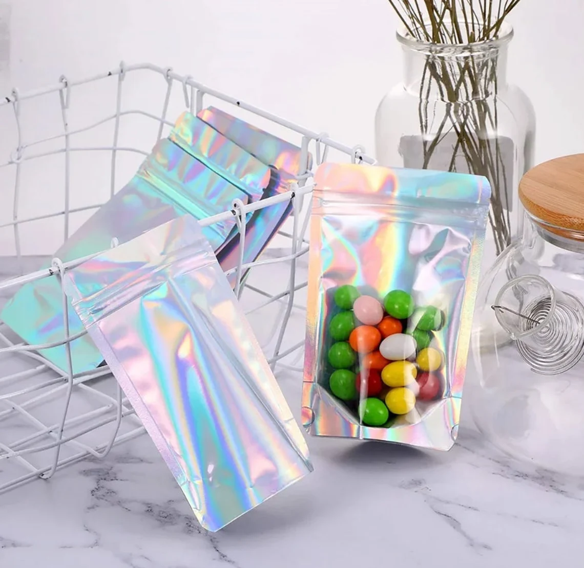 Personalized Resealable Holographic rainbow bags, Custom Metallized Foil Zip Seal Bags with your logo/text, Clear Food Storage Bags