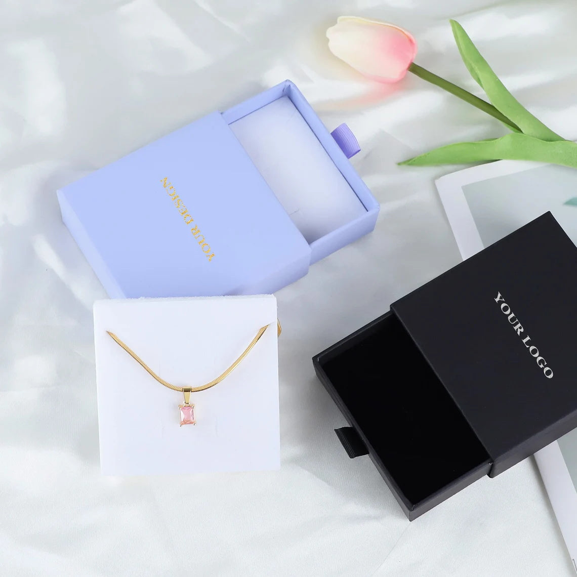 100 pcs Custom Logo/Text Paper Jewelry Boxes, Personalized Portable Necklace Packing Boxes, Multi-Color Bracelet Ring Box with Sponge Insert