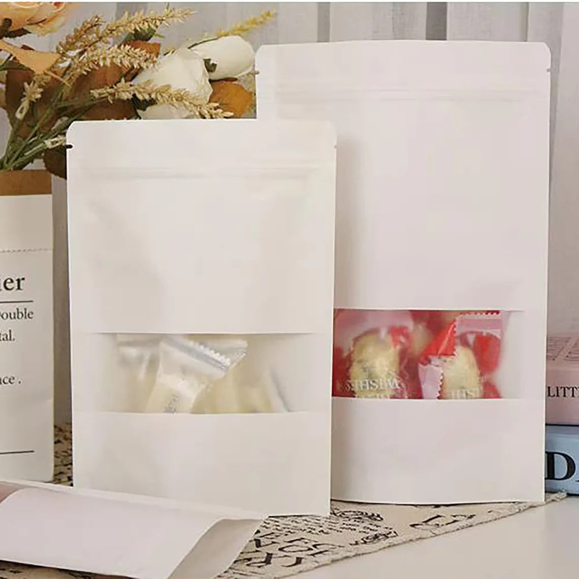 50 pcs Custom Kraft Pouches With Logo, Personalized Resealable Stand Up Bags with Window for Wedding Favor, Coffee Bag, Multiple Usage