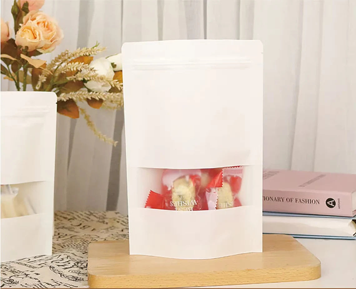 50 pcs Custom Kraft Pouches With Logo, Personalized Resealable Stand Up Bags with Window for Wedding Favor, Coffee Bag, Multiple Usage