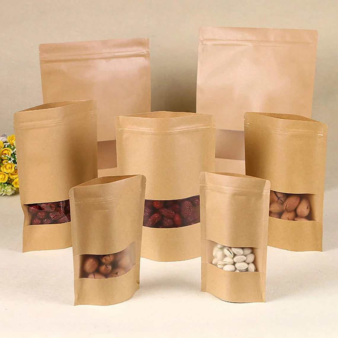 50 pcs Custom Kraft Pouches With Logo, Personalized Resealable Stand Up Bags with Window for Wedding Favor, Coffee Bag, Multiple Usage