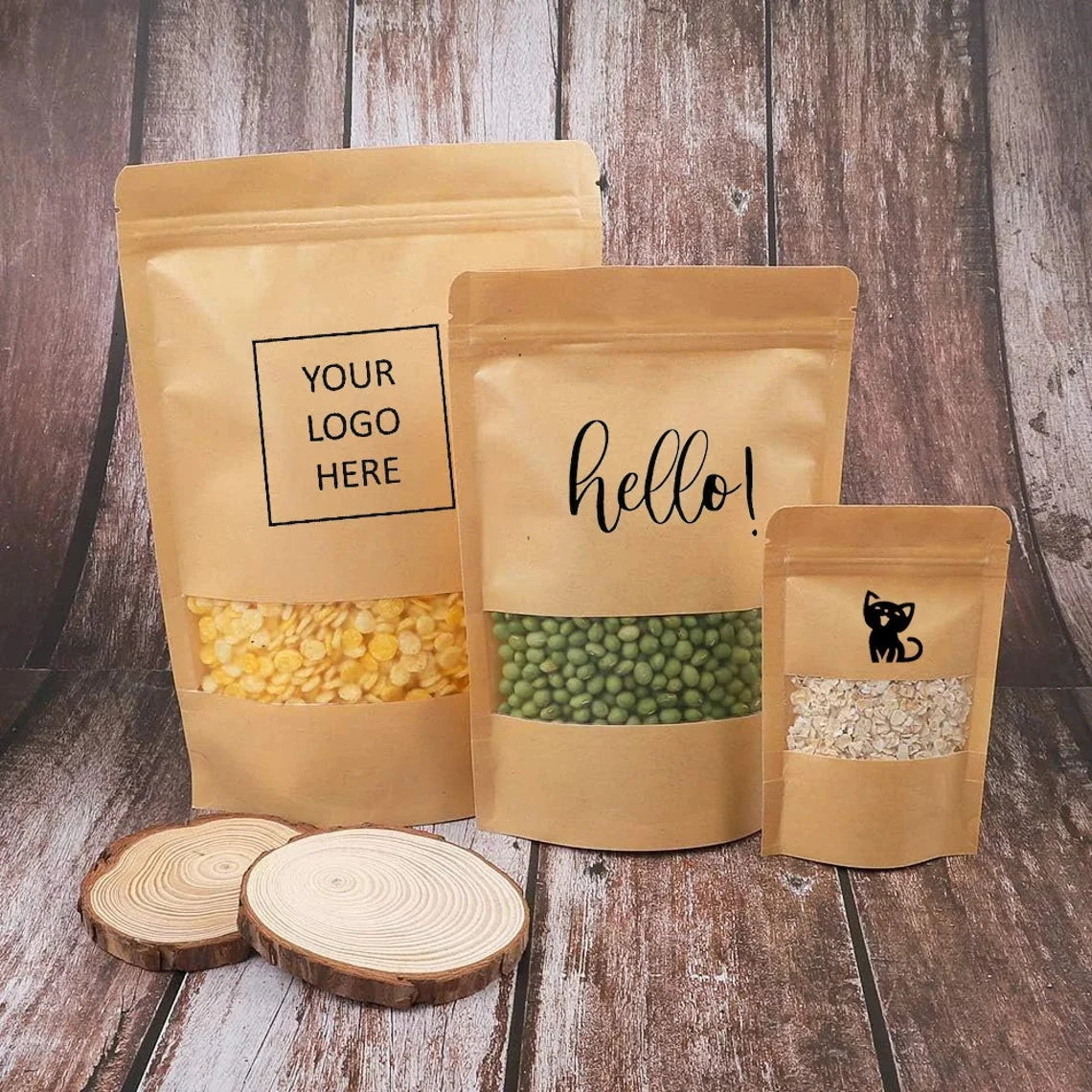 50 Custom Kraft Paper Bags with Window,Personalized Stand Up Pouches,Brown Resealable Paper Bags,Self-sealing Packaging Bag for Food Storage